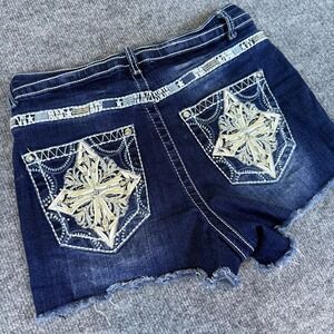 TELEPATIA Embellished Denim Shorts Women's Size 7/28 Blue Frayed Raw‎ Hem